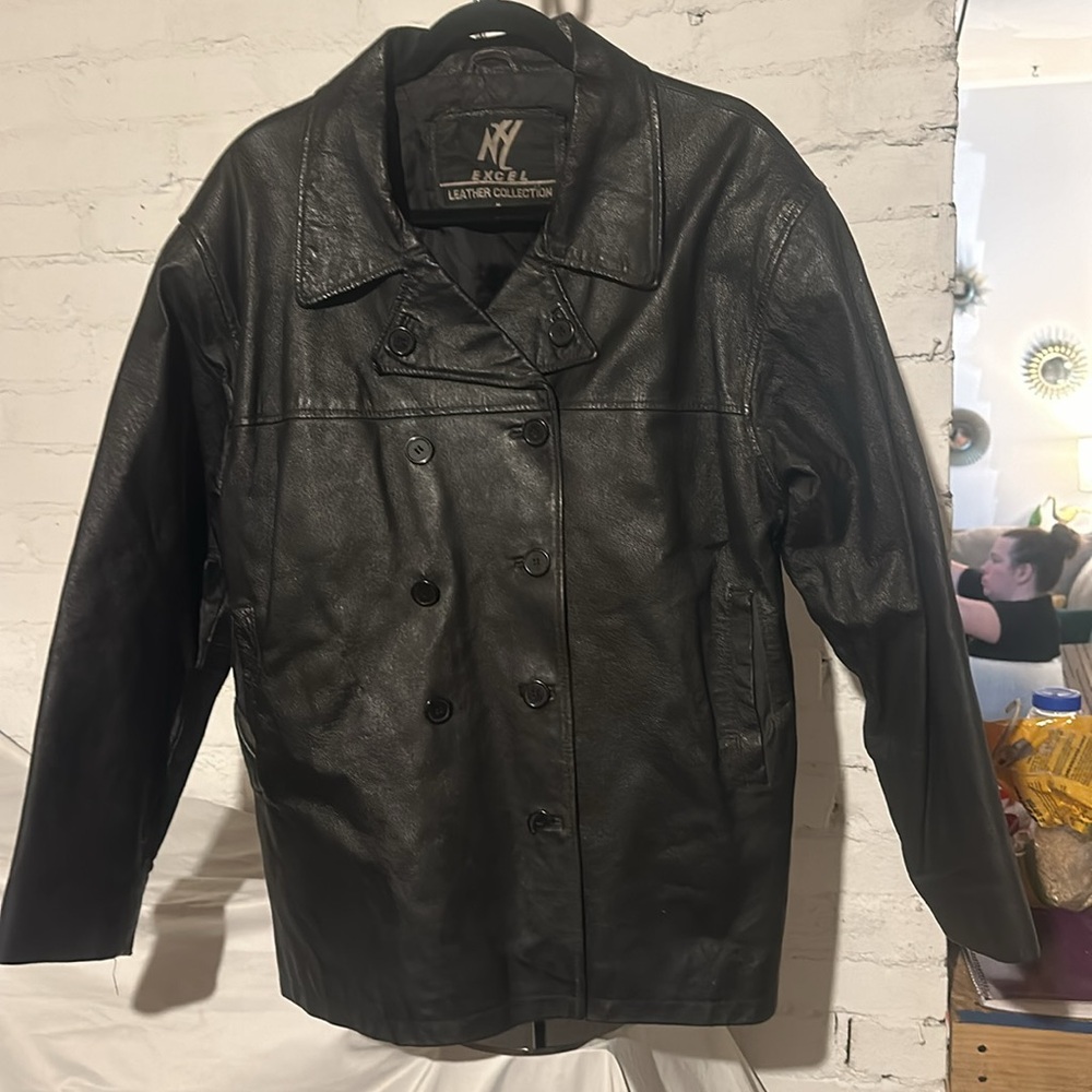 Vintage EXCEL Leather Unisex Double Breasted Black Leather Coat Size Medium